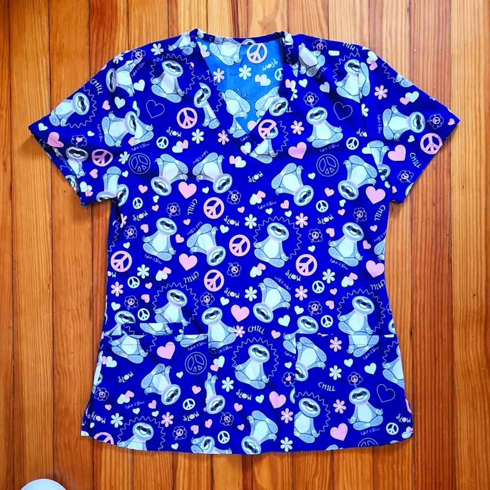 Women's Small Scrub Top - Sloth, Peace, Take it Slow Blue Graphic